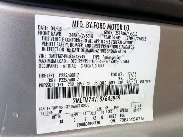 2MEFM74V18X643949 - 2008 MERCURY GRAND MARQ SILVER photo 10