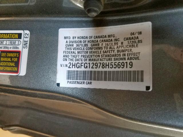 2HGFG12978H556919 - 2008 HONDA CIVIC EXL 灰色 照片 10