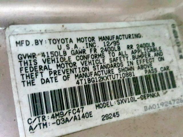 4T1BG12KXTU710881 - 1996 TOYOTA CAMRY DX BEIGE photo 10