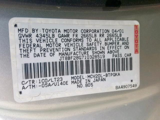 JT8BF28G710328519 - 2001 LEXUS ES 300 GRAY photo 10