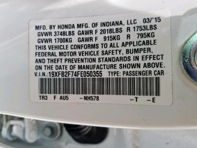 19XFB2F74FE050355 - 2015 HONDA CIVIC SE WHITE photo 10