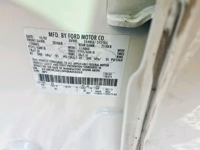 2FMDK38C98BA02265 - 2008 FORD EDGE SEL WHITE photo 10