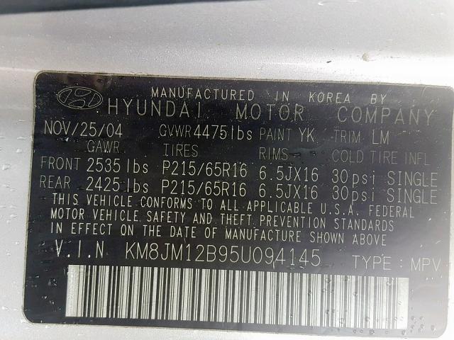 KM8JM12B95U094145 - 2005 HYUNDAI TUCSON GL SILVER photo 10