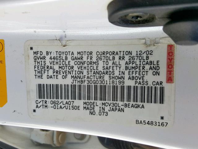 JTHBF30G030118199 - 2003 LEXUS ES 300 WHITE photo 10