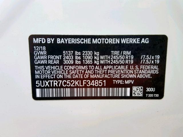 5UXTR7C52KLF34851 - 2019 BMW X3 SDRIVE3 WHITE photo 10