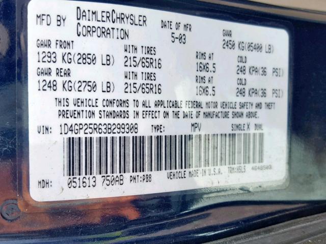 1D4GP25R63B299308 - 2003 DODGE CARAVAN SE BLUE photo 10