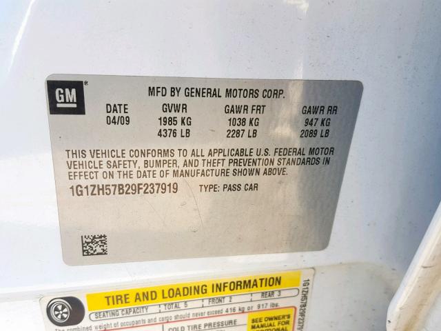 1G1ZH57B29F237919 - 2009 CHEVROLET MALIBU 1LT 白色 照片 10