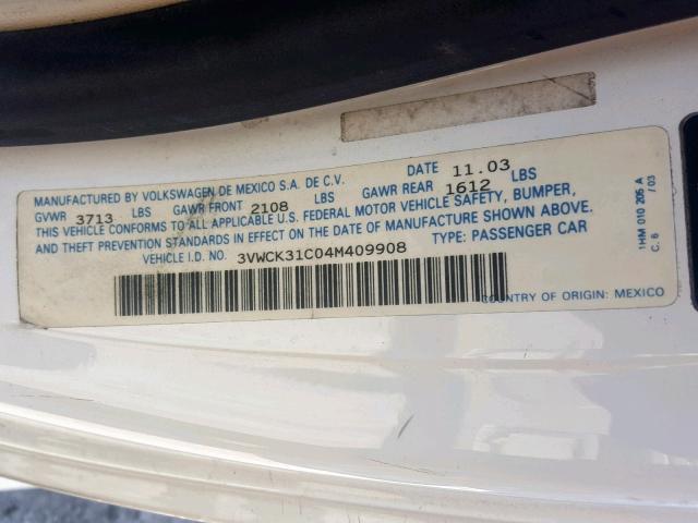 3VWCK31C04M409908 - 2004 VOLKSWAGEN NEW BEETLE WHITE photo 10