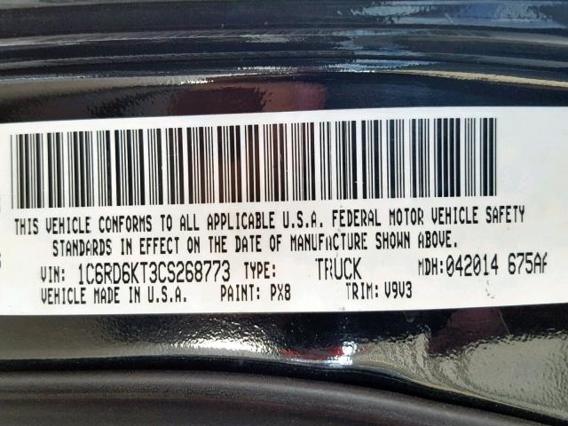 1C6RD6KT3CS268773 - 2012 DODGE RAM 1500 S BLACK photo 10