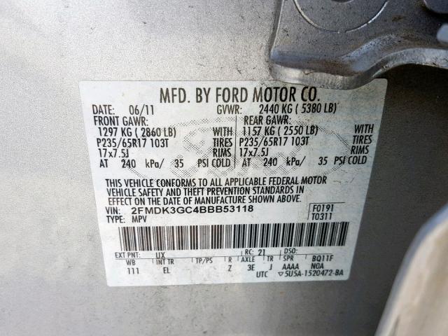 2FMDK3GC4BBB53118 - 2011 FORD EDGE SE SILVER photo 10