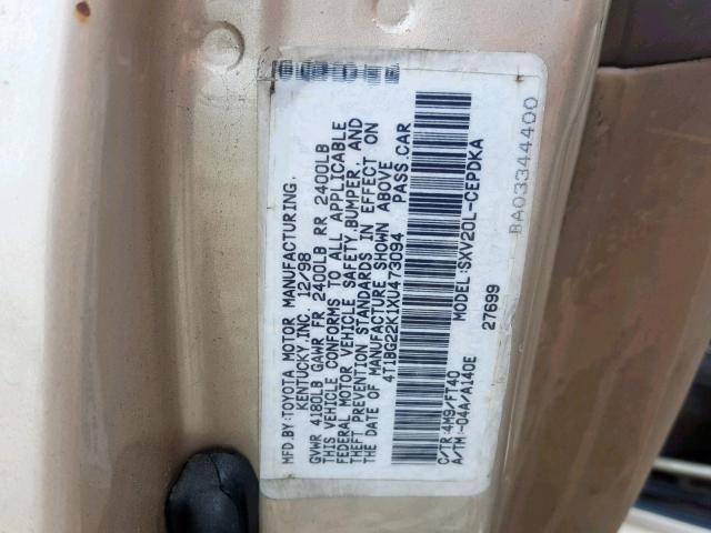 4T1BG22K1XU473094 - 1999 TOYOTA CAMRY CE GOLD photo 10