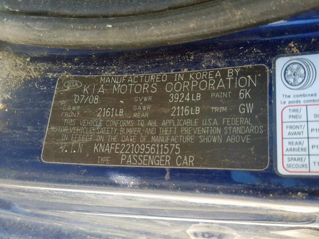 KNAFE221095611575 - 2009 KIA SPECTRA EX BLUE photo 10