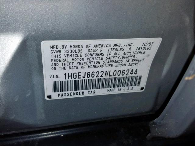 1HGEJ6622WL006244 - 1998 HONDA CIVIC DX SILVER photo 10