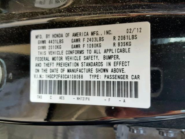 1HGCP2F80CA108068 - 2012 HONDA ACCORD EXL BLACK photo 10