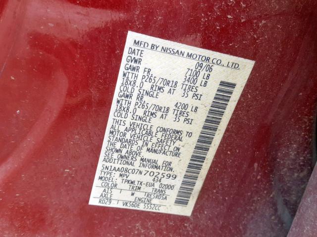 5N1AA08C07N702599 - 2007 NISSAN ARMADA SE RED photo 10