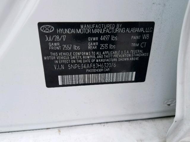 5NPE34AF8JH632076 - 2018 HYUNDAI SONATA SPO WHITE photo 10