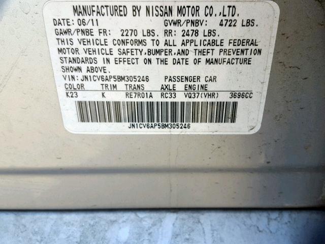 JN1CV6AP5BM305246 - 2011 INFINITI G37 BASE SILVER photo 10