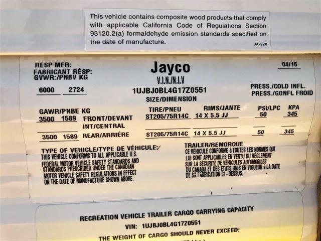 1UJBJ0BL4G17Z0551 - 2016 JAYCO SLX BVW WHITE photo 10