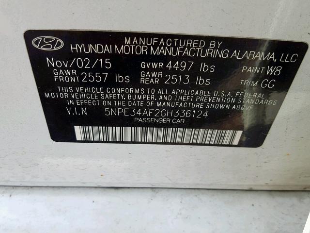 5NPE34AF2GH336124 - 2016 HYUNDAI SONATA SPO WHITE photo 10