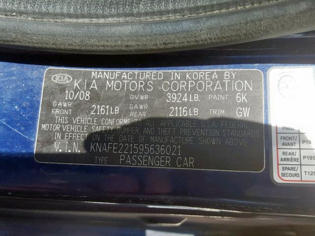 KNAFE221595636021 - 2009 KIA SPECTRA EX BLUE photo 10