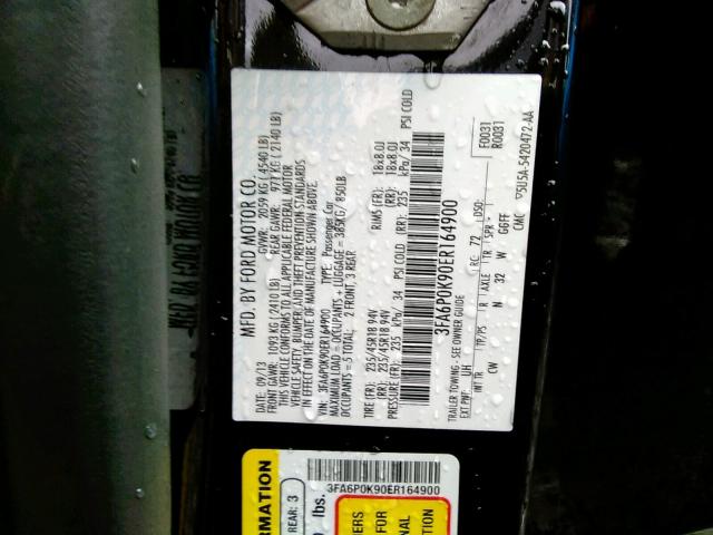 3FA6P0K90ER164900 - 2014 FORD FUSION TIT BLACK photo 10