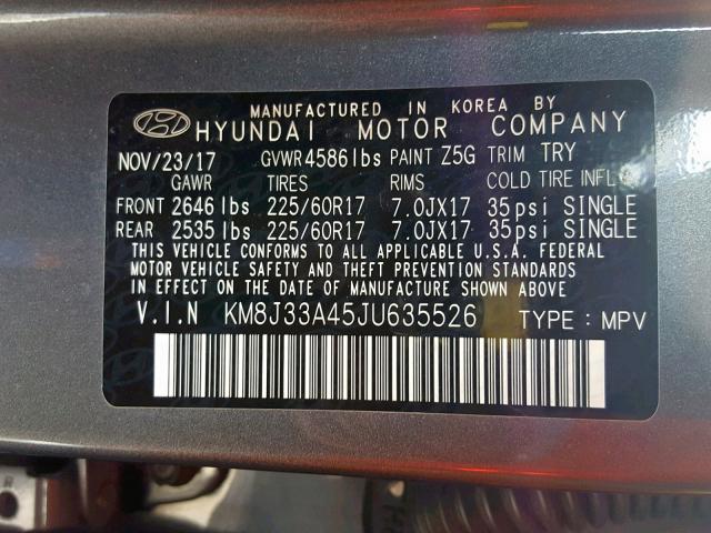 KM8J33A45JU635526 - 2018 HYUNDAI TUCSON SEL GRAY photo 10