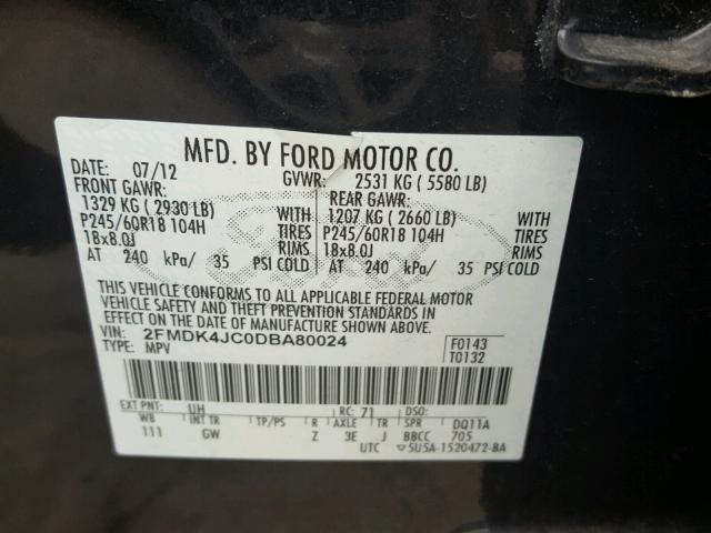 2FMDK4JC0DBA80024 - 2013 FORD EDGE SEL BLACK photo 10