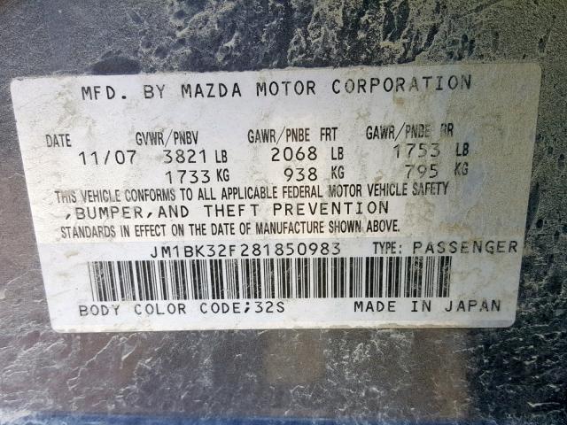 JM1BK32F281850983 - 2008 MAZDA 3 I GRAY photo 10