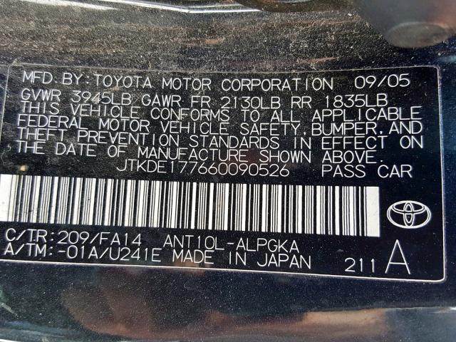 JTKDE177660090526 - 2006 TOYOTA SCION TC შავი ფოტო 10