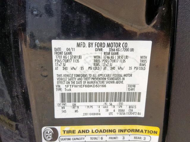 1FTFW1EF6BKD53166 - 2011 FORD F150 SUPER BLACK photo 10