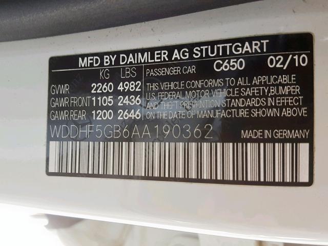 WDDHF5GB6AA190362 - 2010 MERCEDES-BENZ E 350 WHITE photo 10