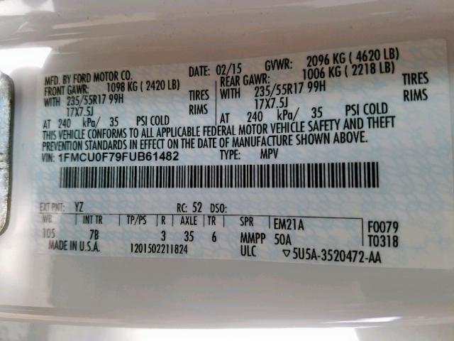 1FMCU0F79FUB61482 - 2015 FORD ESCAPE S WHITE photo 10