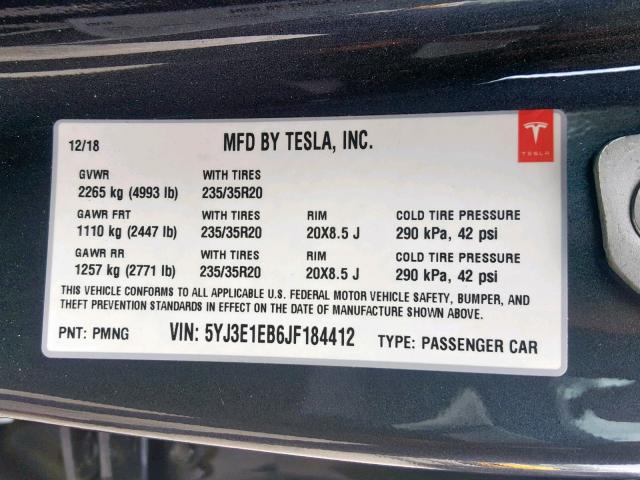 5YJ3E1EB6JF184412 - 2018 TESLA MODEL 3 BLACK photo 10