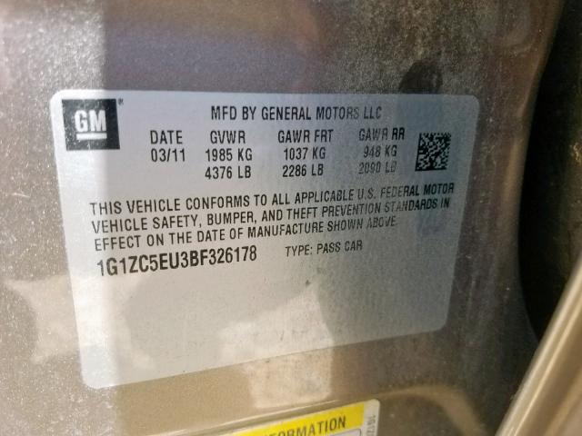 1G1ZC5EU3BF326178 - 2011 CHEVROLET MALIBU 1LT 灰色 照片 10