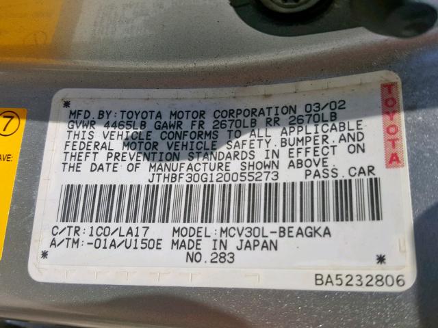 JTHBF30G120055273 - 2002 LEXUS ES 300 GRAY photo 10