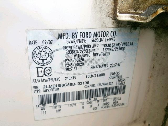 2LMDU88C58BJ03105 - 2008 LINCOLN MKX WHITE photo 10