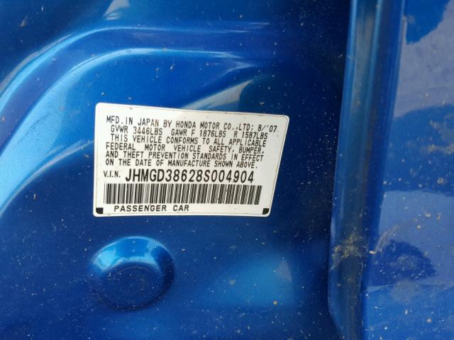 JHMGD38628S004904 - 2008 HONDA FIT SPORT BLUE photo 10