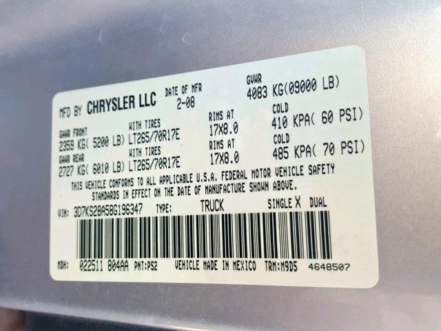 3D7KS28A58G196347 - 2008 DODGE RAM 2500 S Արծաթագույն լուսանկար 10