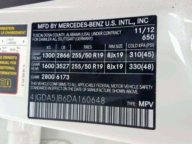 4JGDA5JB6DA160648 - 2013 MERCEDES-BENZ ML 350 WHITE photo 10