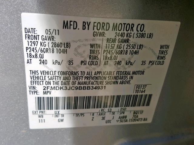 2FMDK3JC9BBB34931 - 2011 FORD EDGE SEL SILVER photo 10