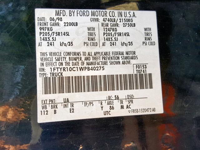 1FTYR10C1WPB40275 - 1998 FORD RANGER BLACK photo 10