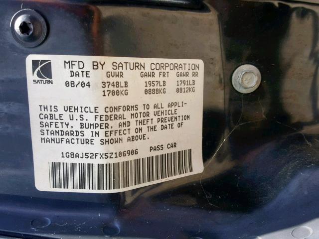 1G8AJ52FX5Z106906 - 2005 SATURN ION LEVEL SILVER photo 10