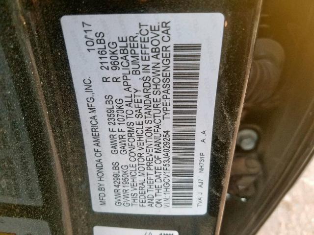 1HGCV1F53JA029254 - 2018 HONDA ACCORD EXL BLACK photo 10