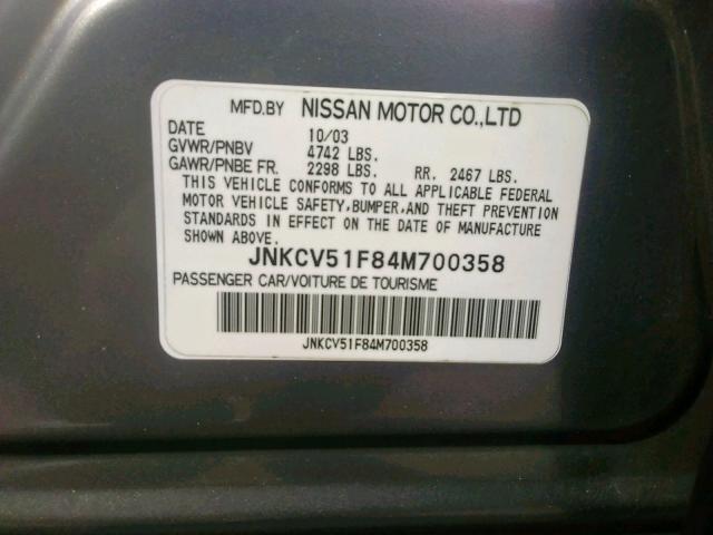 JNKCV51F84M700358 - 2004 INFINITI G35 GRAY photo 10