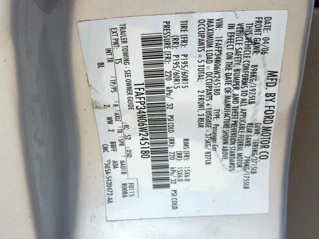 1FAFP34N06W245180 - 2006 FORD FOCUS ZX4 GRAY photo 10