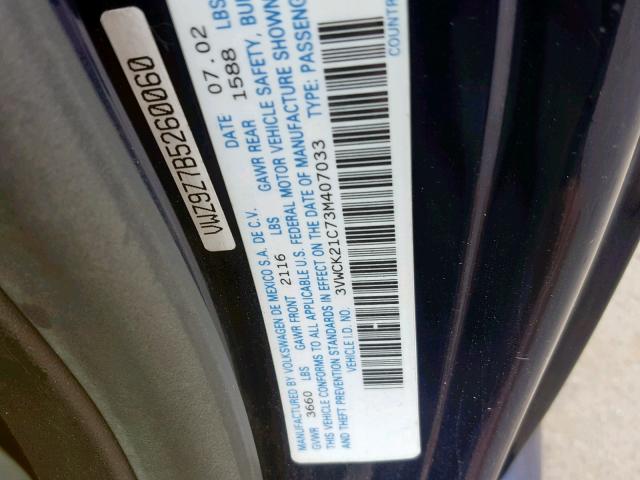 3VWCK21C73M407033 - 2003 VOLKSWAGEN NEW BEETLE أزرق صورة 10