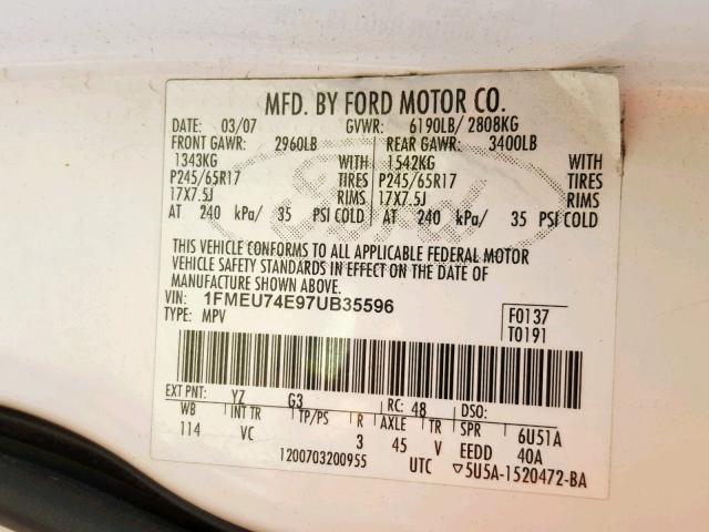 1FMEU74E97UB35596 - 2007 FORD EXPLORER E WHITE photo 10