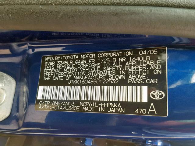 JTKKT604850122532 - 2005 TOYOTA SCION XA BLUE photo 10