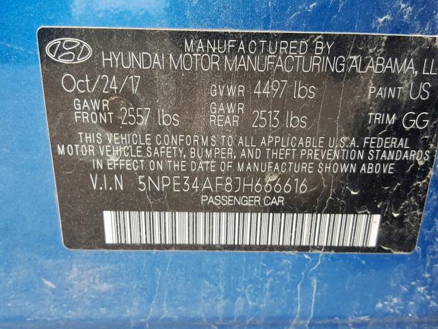 5NPE34AF8JH666616 - 2018 HYUNDAI SONATA SPO BLUE photo 10