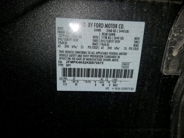 2FMPK4K92KBB70675 - 2019 FORD EDGE TITAN CHARCOAL photo 10